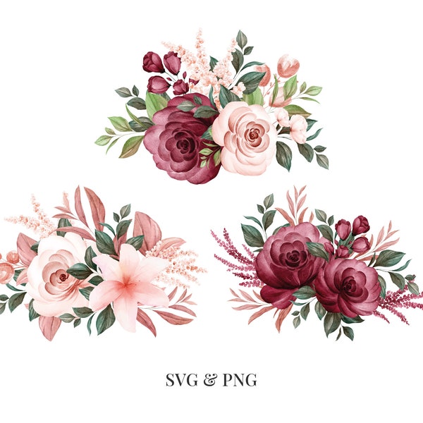 Bouquet of Roses Set - Watercolor Flower Floral Summer Spring Easter - Svg Png - Image Clipart Vector Design Crafting Printable Download