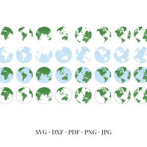 Può includere: Un set di 36 illustrazioni di globi terrestri verdi e blu. I globi sono disposti in quattro file di nove. Ogni globo ha un orientamento diverso, mostrando vari continenti e oceani.