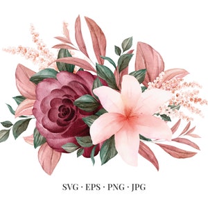 May include: Watercolor painting of a bouquet of flowers with pink lilies, burgundy roses, and blush-colored foliage.