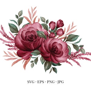 Puede incluir: Pintura acuarela de un ramo de rosas burdeos, ramitas rosas y hojas verdes.