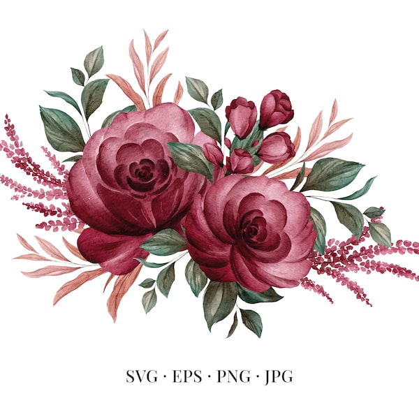 Bouquet Red Roses - Flower Illustration Floral Floristic Watercolor - Svg Eps Png Jpg - Image Clipart Vector Design Printable Download