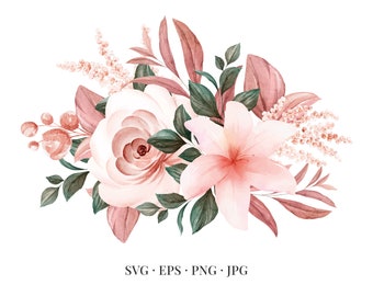 Bouquet of Flowers - Roses Floral Flower Floristic Watercolor - Svg Eps Png Jpg - Image Clipart Vector Design Crafting Printable Download