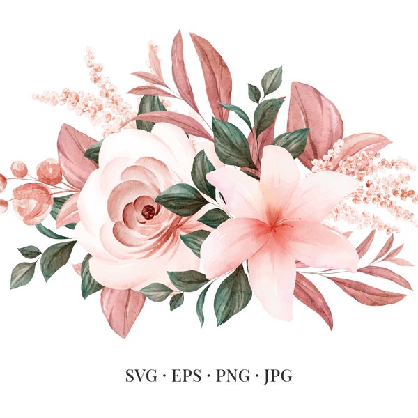 Bouquet of Flowers - Roses Floral Flower Floristic Watercolor - Svg Eps Png Jpg - Image Clipart Vector Design Crafting Printable Download