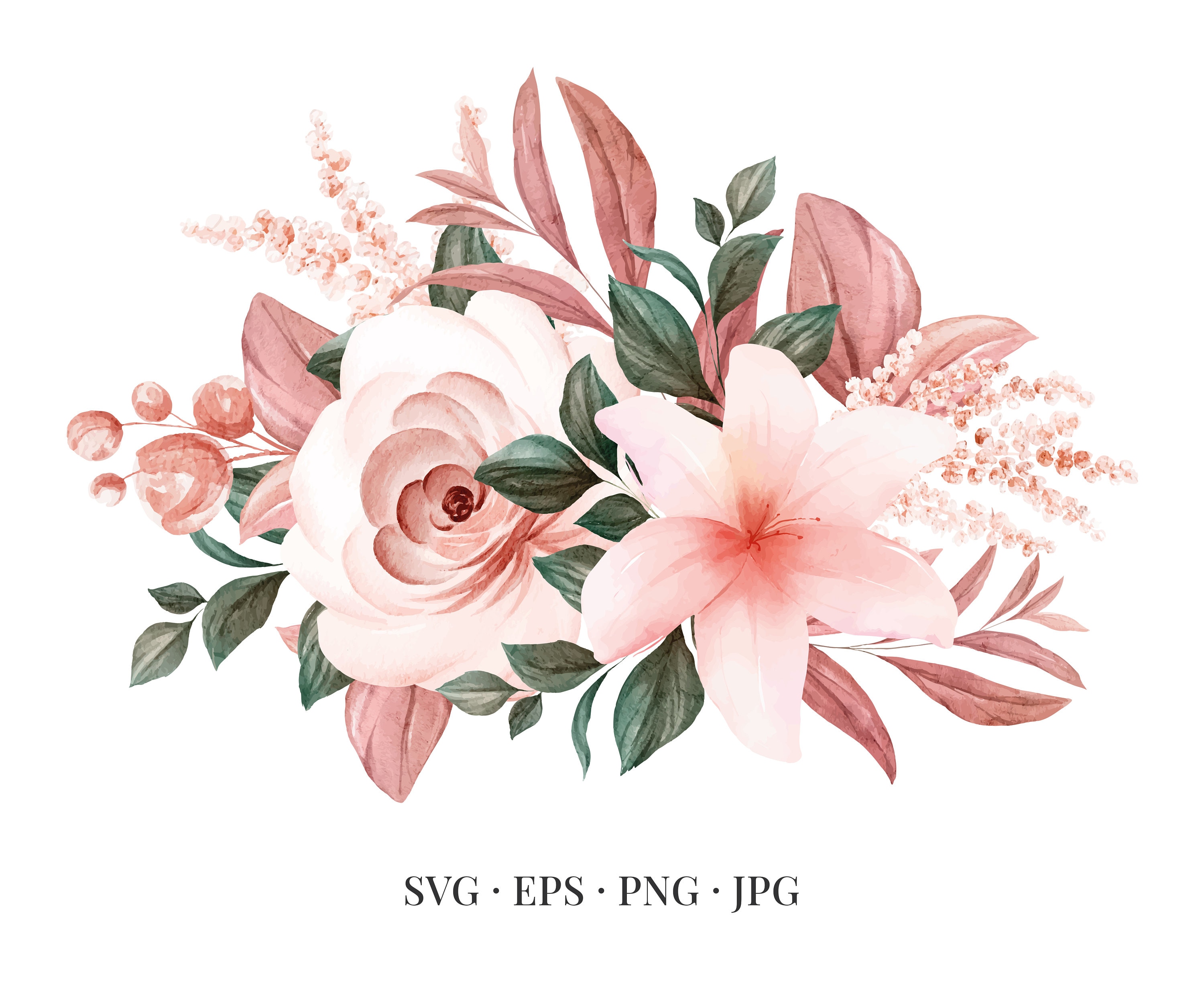 Bouquet of Flowers - Roses Floral Flower Floristic Watercolor - Svg Eps Png  Jpg - Image Clipart Vector Design Crafting Printable Download