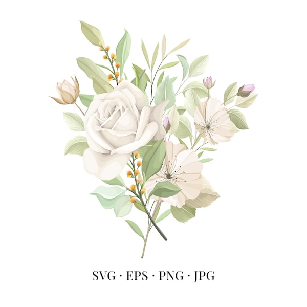 Bouquet White Roses - Flower Illustration Floral Floristic Watercolor - Svg Eps Png Jpg - Image Clipart Vector Design Printable Download