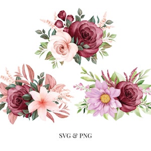 Ensemble bouquet de roses - aquarelle fleur floral été printemps Pâques - Svg Png - Image Clipart vectoriel Design artisanat téléchargement imprimable