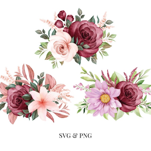 Bouquet of Roses Set - Watercolor Flower Floral Summer Spring Easter - Svg Png - Image Clipart Vector Design Crafting Printable Download