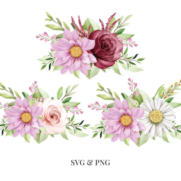 Bouquet of Roses Set - Watercolor Flower Floral Summer Spring Easter - Svg Png - Image Clipart Vector Design Crafting Printable Download