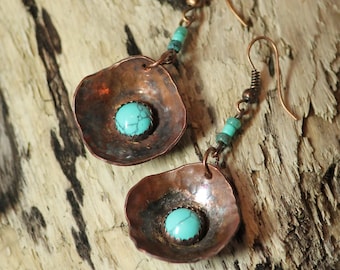 TURQUOISE & COPPER EARRINGS ~Hand Forged ~Hand Crafted ~Dangle Earrings ~Boho ~ Bohemian ~December Birthstone ~Gift for Her ~Hammered ~Gypsy