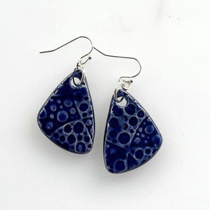 Sapphire Blue Ceramic Earrings, Organic Triangle Shape with Dotted Pattern-Modern Design
