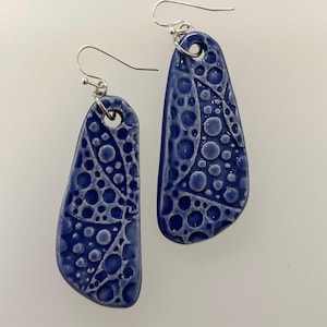 Blue Ceramic Long Organic Triangle Shaped Earrings in Dots Pattern