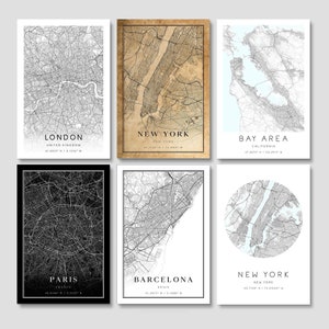 Impresión de mapa personalizada DIGITAL, mapa de ciudad personalizado, decoración de pared con mapa, impresiones de arte de pared, regalo de mapa de ciudad, póster de mapa de ciudad, conjunto de impresiones de pared de galería, mapa vintage