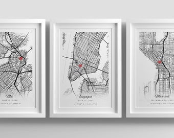 Personalized Map Set of 3,Met Engaged Married Map,Hello Will You I do,Anniversary Gifts,Engagement Gift for Couple,City Map Prints,Map Gift