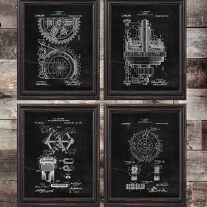 May include: Set of four black and white vintage patent prints featuring illustrations of gears and mechanisms. The prints are framed in black wood frames and have a distressed look.