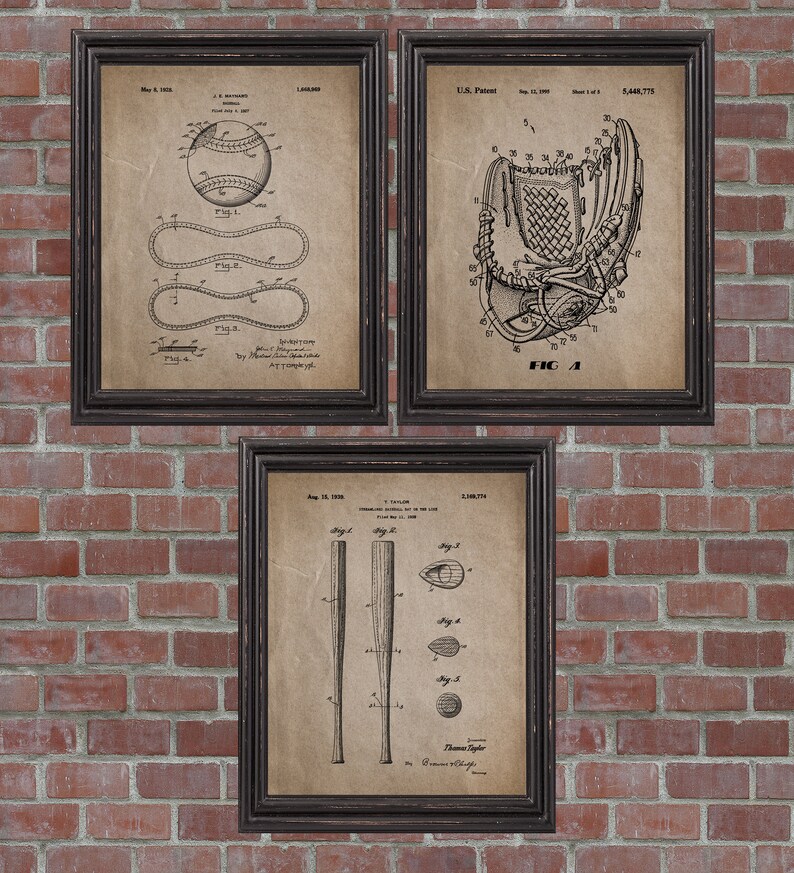 Baseball Patent Print Set of 3 Baseball,DIGITAL DOWNLOAD Baseball Art,Baseball Wall Art,Baseball poster,Baseball Bat,Baseball Glove