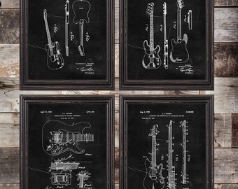 Juego de 4 impresiones de patentes de guitarras Fender, póster de arte mural de guitarra, decoración de salas de música, póster de patente de guitarra, impresión de guitarra Fender, impresiones vintage