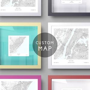 Impresión de mapa personalizada DIGITAL, póster de mapa cuadrado, mapa de la ciudad, impresiones de mapas, impresiones y pósteres, decoración de pared de mapas, mapas de pared de galería, conjunto de impresiones, arte de pared