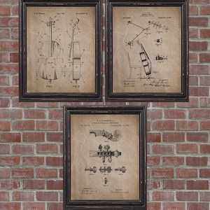 Cello Patent Print Set of 3,Cello Wall Art,Cello Support,Tuning Peg,Music Wall decor,Music Room Decor,Vintage music art,Vintage Prints