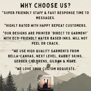 May include: An informational graphic with a cream background and dark text reading WHY CHOOSE US? followed by bullet points detailing customer service, direct to garment printing with eco-friendly inks, and garment brands like Bella+Canvas.