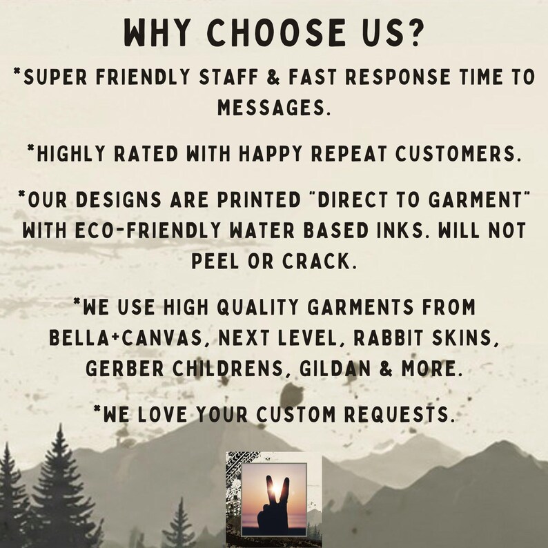May include: An informational graphic with a cream background and dark text reading WHY CHOOSE US? followed by bullet points detailing customer service, direct to garment printing with eco-friendly inks, and garment brands like Bella+Canvas.
