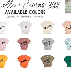 Peut inclure: Un nuancier Bella + Canvas 3001 pr&eacute;sentant douze t-shirts &agrave; manches courtes dans les coloris blanc, cendre, naturel, p&ecirc;che chin&eacute;, rose p&acirc;le, mauve chin&eacute;, gris chin&eacute;, bleu glacier chin&eacute;, or, orange, olive chin&eacute; et vert kelly.