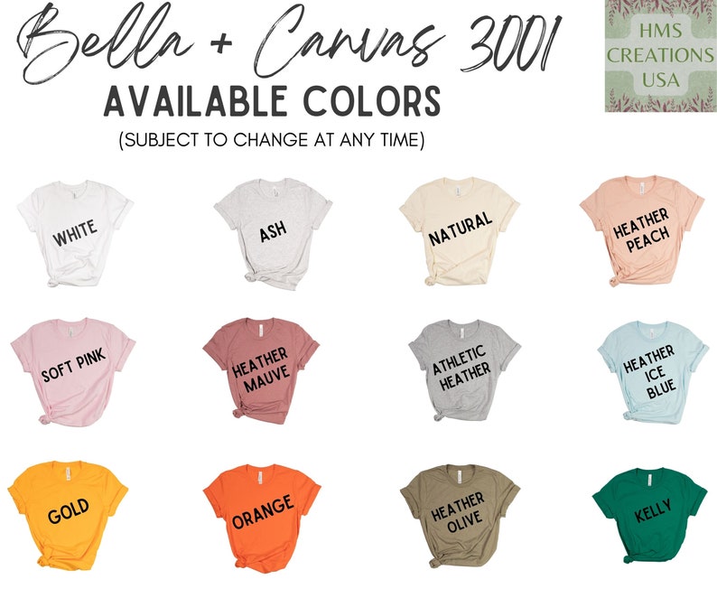 Peut inclure: Un nuancier Bella + Canvas 3001 pr&eacute;sentant douze t-shirts &agrave; manches courtes dans les coloris blanc, cendre, naturel, p&ecirc;che chin&eacute;, rose p&acirc;le, mauve chin&eacute;, gris chin&eacute;, bleu glacier chin&eacute;, or, orange, olive chin&eacute; et vert kelly.