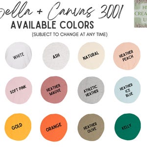 Puede incluir: Un gr&aacute;fico que muestra los colores disponibles para las camisetas Bella + Canvas 3001. Los colores incluyen blanco, ceniza, natural, melocot&oacute;n jaspeado, rosa suave, malva jaspeado, jaspeado atl&eacute;tico, azul hielo jaspeado, dorado, naranja, oliva jaspeado y verde kelly.