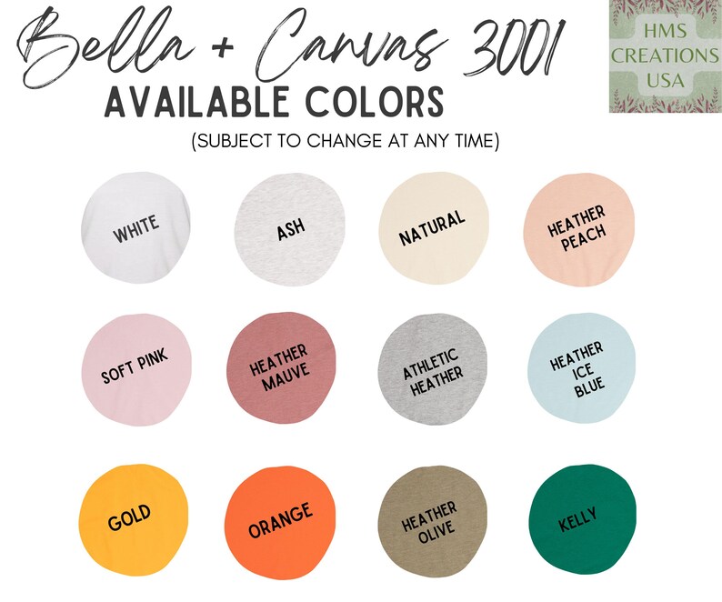 Puede incluir: Un gr&aacute;fico que muestra los colores disponibles para las camisetas Bella + Canvas 3001. Los colores incluyen blanco, ceniza, natural, melocot&oacute;n jaspeado, rosa suave, malva jaspeado, jaspeado atl&eacute;tico, azul hielo jaspeado, dorado, naranja, oliva jaspeado y verde kelly.