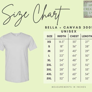 Puede incluir: Tabla de tallas para camisetas unisex Bella + Canvas 3001. La tabla muestra las medidas en pulgadas para el ancho, el pecho y la longitud para las tallas XS a 5XL.