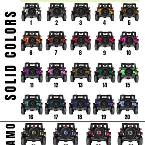May include: A color chart displaying twenty-four rear views of off-road trucks, labeled with numbers 1 through 24. The text reads Select Truck Color By Choosing Corresponding #, SOLID COLORS, and CAMO. Each truck features a spare tire on the back.