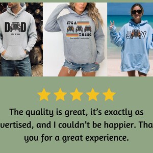 May include: Three hooded sweatshirts featuring off-road vehicle graphics. The first is light gray with the text DAD and a jeep. The second is heather gray with the text IT'S A JEEP THING. The third is light blue with a jeep, a peace sign, and a heart.