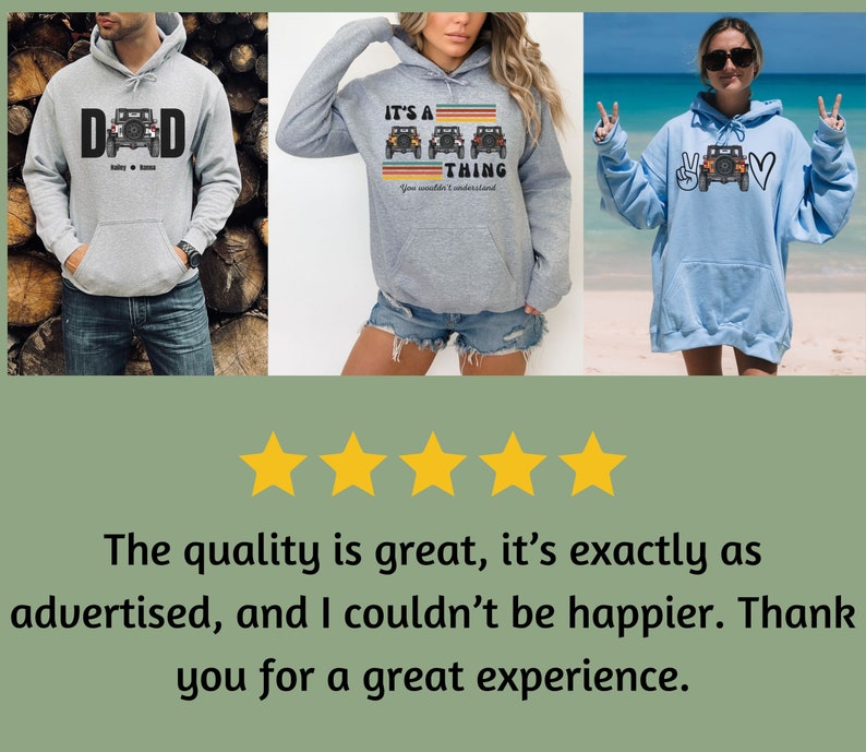 May include: Three hooded sweatshirts featuring off-road vehicle graphics. The first is light gray with the text DAD and a jeep. The second is heather gray with the text IT'S A JEEP THING. The third is light blue with a jeep, a peace sign, and a heart.