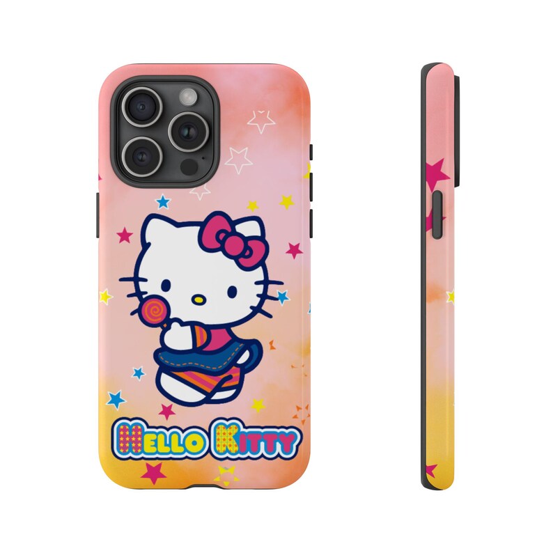 May include: A phone case featuring Hello Kitty with a pink bow, holding a lollipop. The case has a pink, orange, and yellow gradient background with star accents and the words "Hello Kitty".