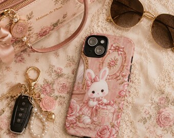 Kawaii Bunny & Strawberry Glossy Phone Case – Scratch and Heat Resistant – iPhone and Galaxy Compatible