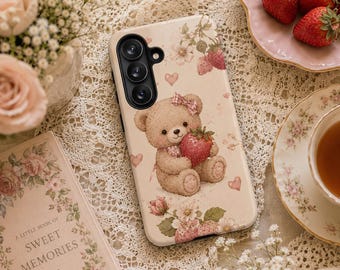 Strawberry Teddy Bear Phone Case | Cute Cottagecore Floral Phone Cover- Available for Samsung and iPhone- 40 phone case models available