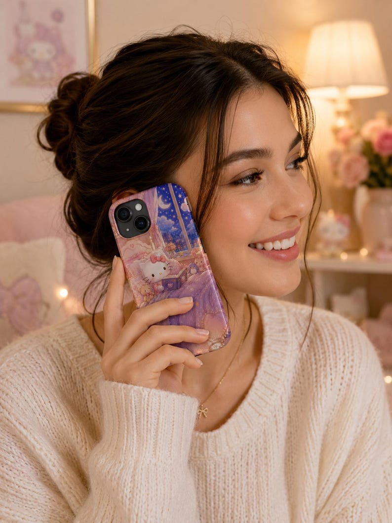 May include: A smartphone case featuring a colorful illustration of the character Hello Kitty sitting in a bedroom at night. The design includes a starry sky visible through a window, a bed, and soft purple and blue tones across the surface.