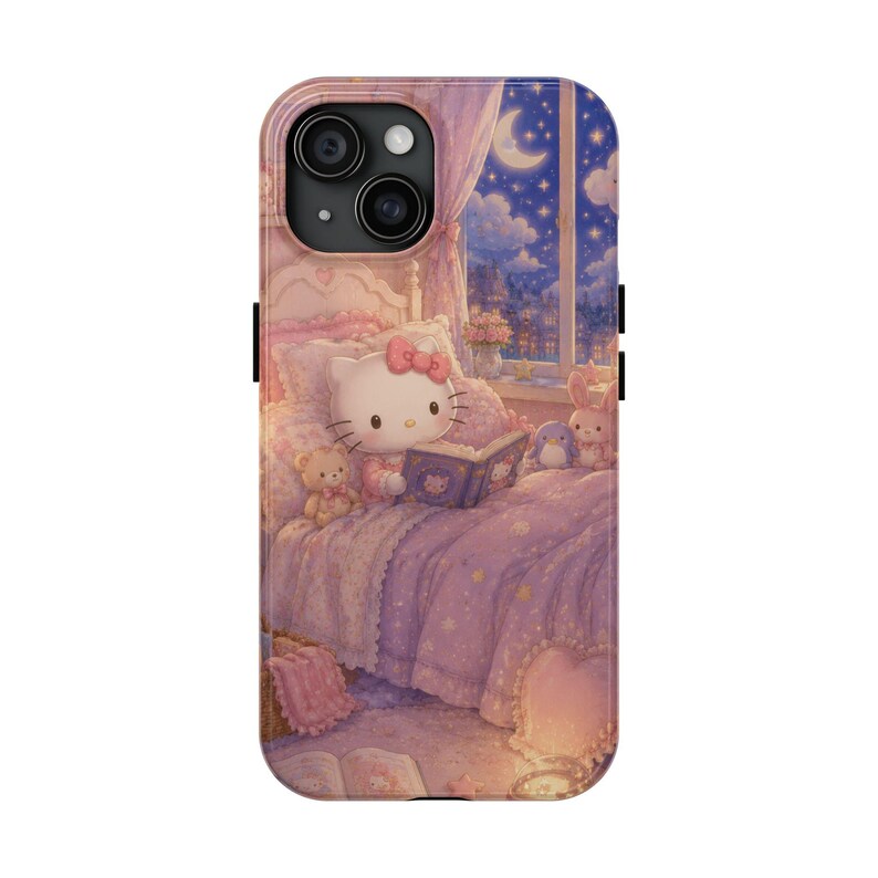 May include: A phone case featuring a white cat character with a pink bow sitting in a bed with purple star-patterned bedding, reading a book. The scene includes a teddy bear, a small blue bird, and a rabbit plush, with a night sky view outside.