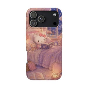 May include: A smartphone case featuring a printed illustration of a white cat character with a pink bow reading a book in a lavender bed. The scene includes a teddy bear, a small penguin, a rabbit, and an open book on the floor, all set against a starry night window background.