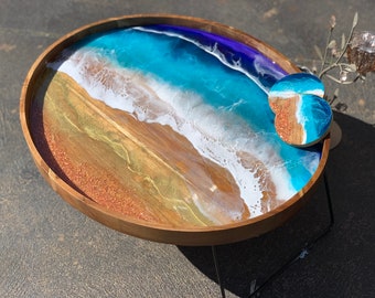 WAVES | Breakfast Tray Table | Ocean resin waves | Serving Tray | Charcuterie board | Dining table decor | Mother's Day gift | Round tray