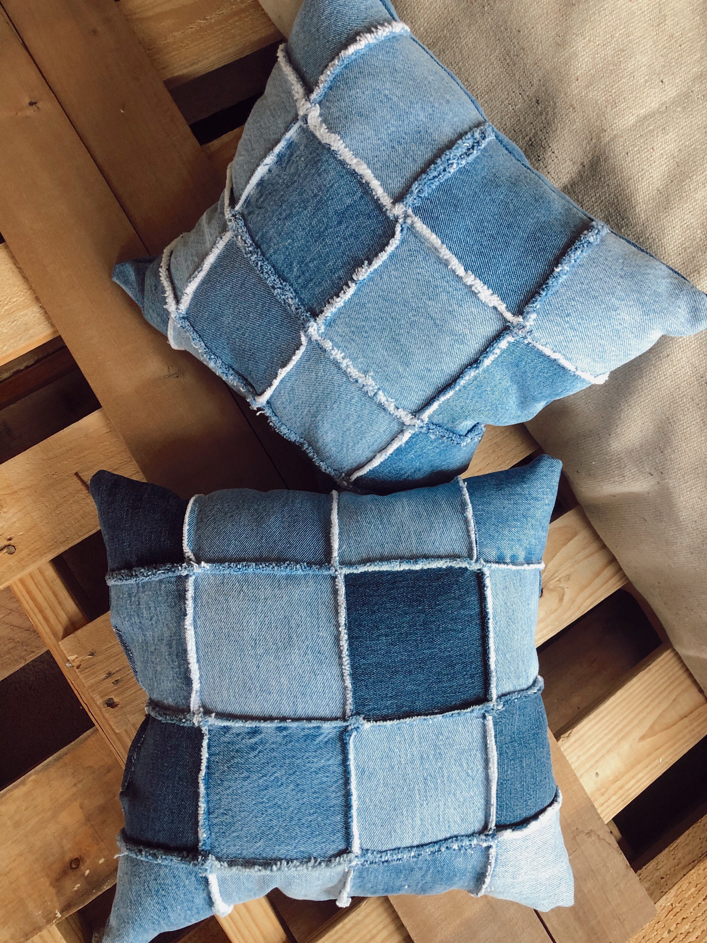 Denim Patchwork Throw Pillow made from upcycled jeans Etsy