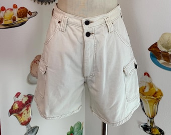 ヴィンテージ 90s | l.e.i. | クリームデニム カーゴショーツ ジョガース ハイライズ コントラストステッチ サマー ゴープコア カジュアル ポケット ミニマリスト バミューダ