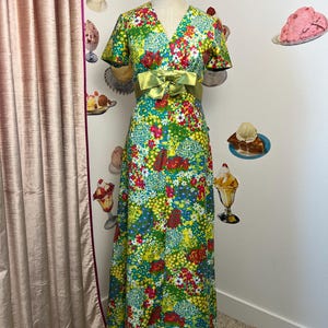 Vintage 60s | Rona New York for Saks Fifth Avenue | Psychedelic Floral Green Cotton Short Sleeve Empire Waist A Line Maxi Dress Spring