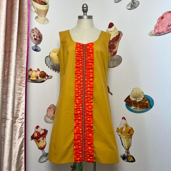 Vintage Rare 60s | Baba Kea Honolulu | Mod A Line Gold Ochre Polka Dot Red Orange Ruffle Hawaiian Mini Dress Sleeveless Spring Summer Cotton