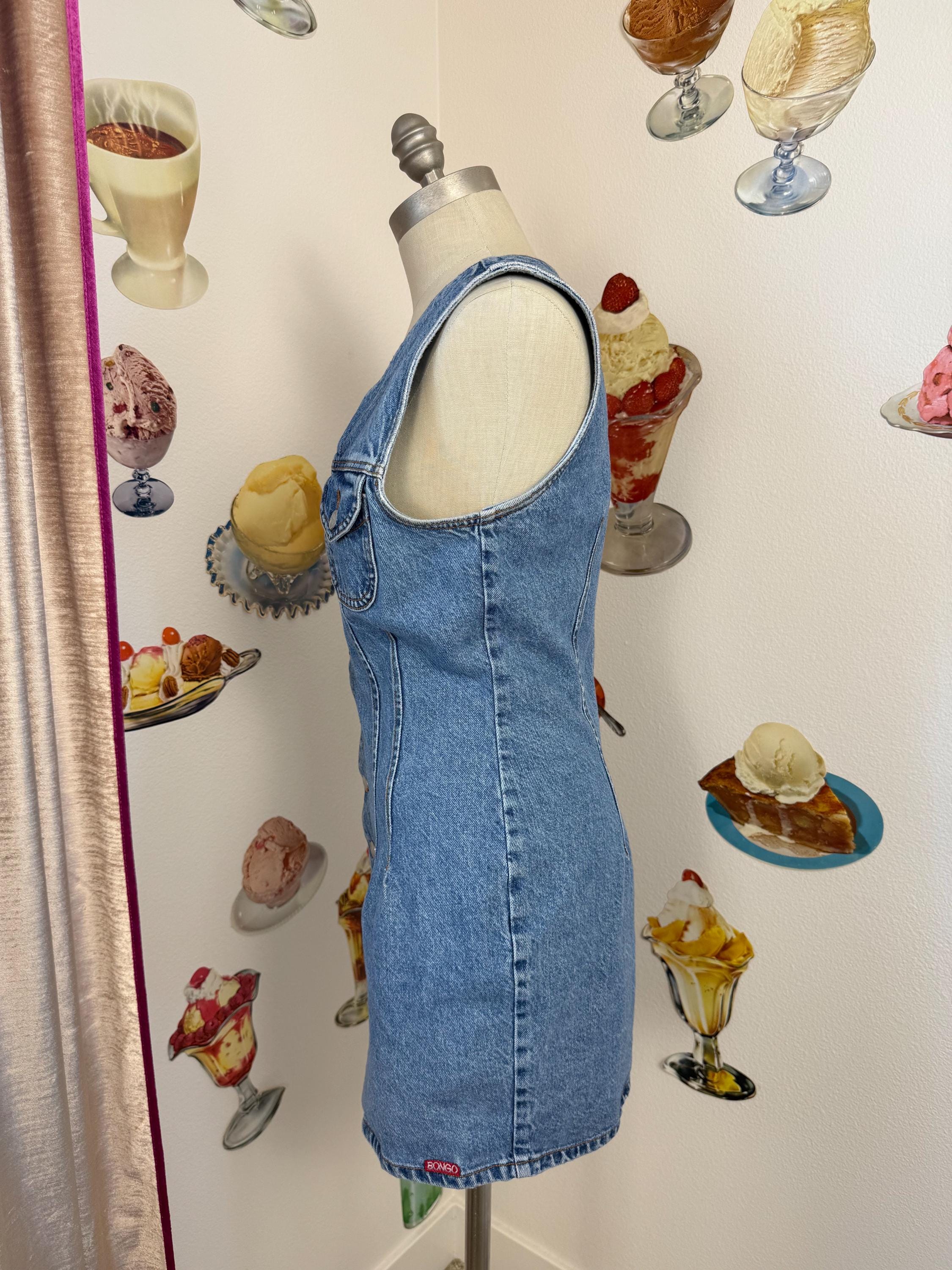 Vintage 90s Bongo Denim Mini Dress Button Front Sleeveless