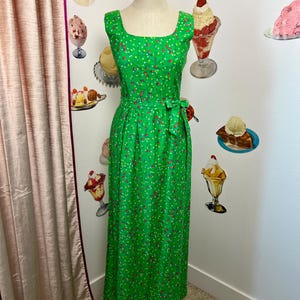 Vintage Rare 60s 70s | Malia Honolulu | Novelty Fruit Print Red Green Apple Floral Sleeveless Cotton Maxi Hawaiian Hawaii Tiki Dress