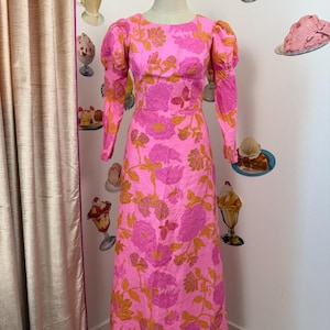 Vintage 60s | handmade | Bubblegum Pink Ochre Floral Butterfly Puff Juliet Sleeve Romantic Renaissance Revival A Line Maxi Dress Boho Spring