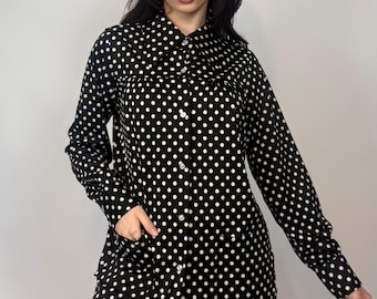 Vintage 70s Lane Bryant Long Sleeve Button Top Polka Dot Dagger Collar Pockets