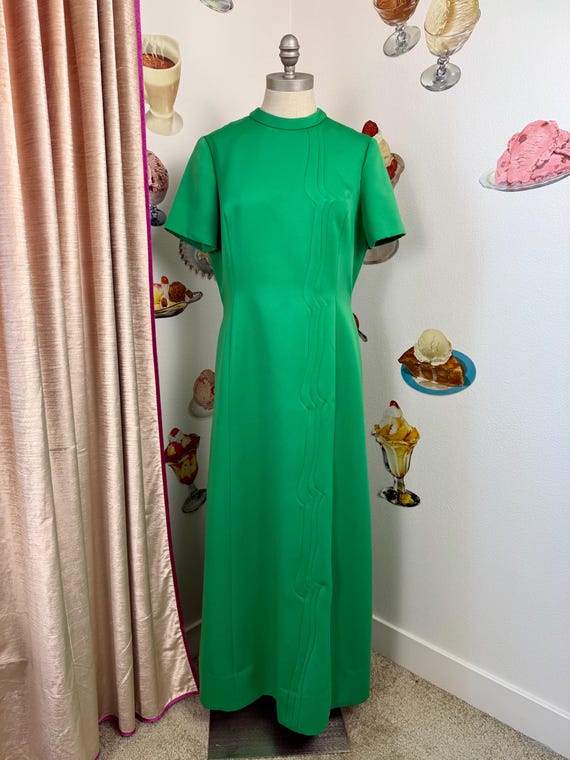 As is Vintage 60s | Edward Mesrobian | Short Sleeve Gown Formal Dress  Mockneck Emerald Green Jewel Tone Monochromatic Wedding Guest Mod - Etsy