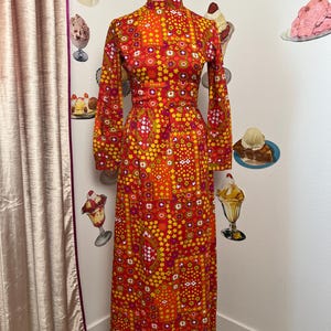 Vintage Rare 60s | handmade | Floral Psychedelic Geometric Mockneck Long Sleeve Maxi Dress Red Orange Spring Summer Festival Boho Hippie