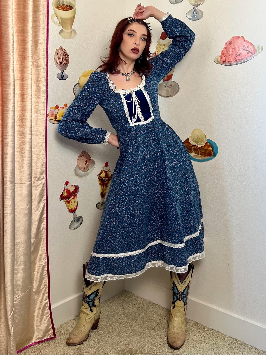 Vintage 70s Gunne Sax by Jessica Mcclintock Long Sleeve Calico Floral ...